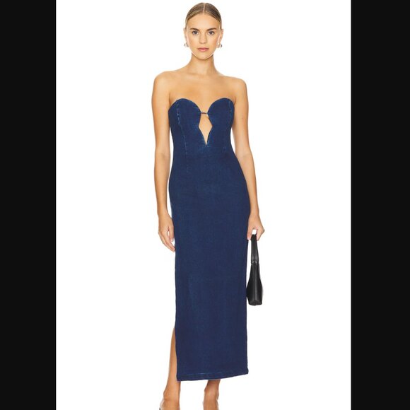 NWT Bardot Eleni Denim Strapless Plunge Midi Dress Size US 12 $179 - Picture 2 of 15
